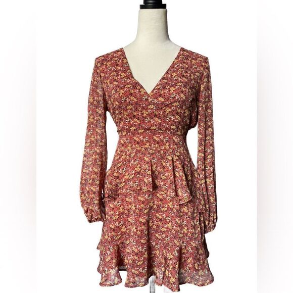 Miami Burnt Orange Mini Dress w/ Layered Ruffles & Long Sheer Sleeves (XS) - Picture 1 of 15